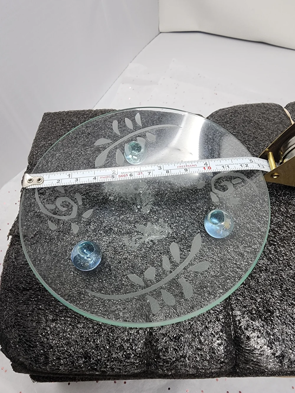 Etched Glass Round Display Tray with Aqua Glass Feet
